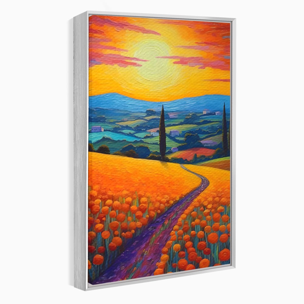 Tablou canvas cu pictura peisaj cu drum si chiparos, in rama de aluminiu argintiu
